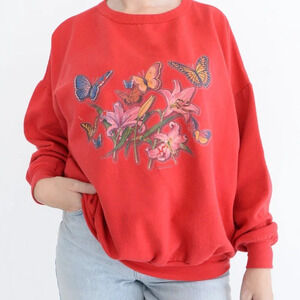 Vintage Red Butterfly & Floral Design Made in U.S.A. Crewneck Sweater  Size XL